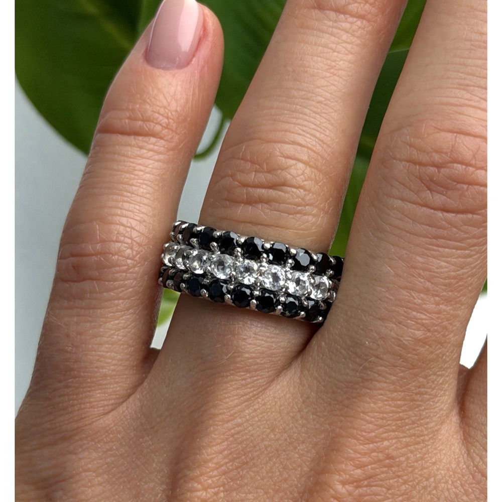 Vintage 925 Sterling Silver Black Spinel & White Topaz Eternity Band Ring Size 7